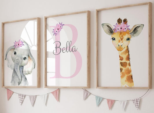 Personalized Safari Animals for Baby Girls Nursery, Set of 3 Unframed Poster Prints, Personalized Name Pink Lilac Floral, Girls Bedroom Decor, Elephant Giraffe (9x12)