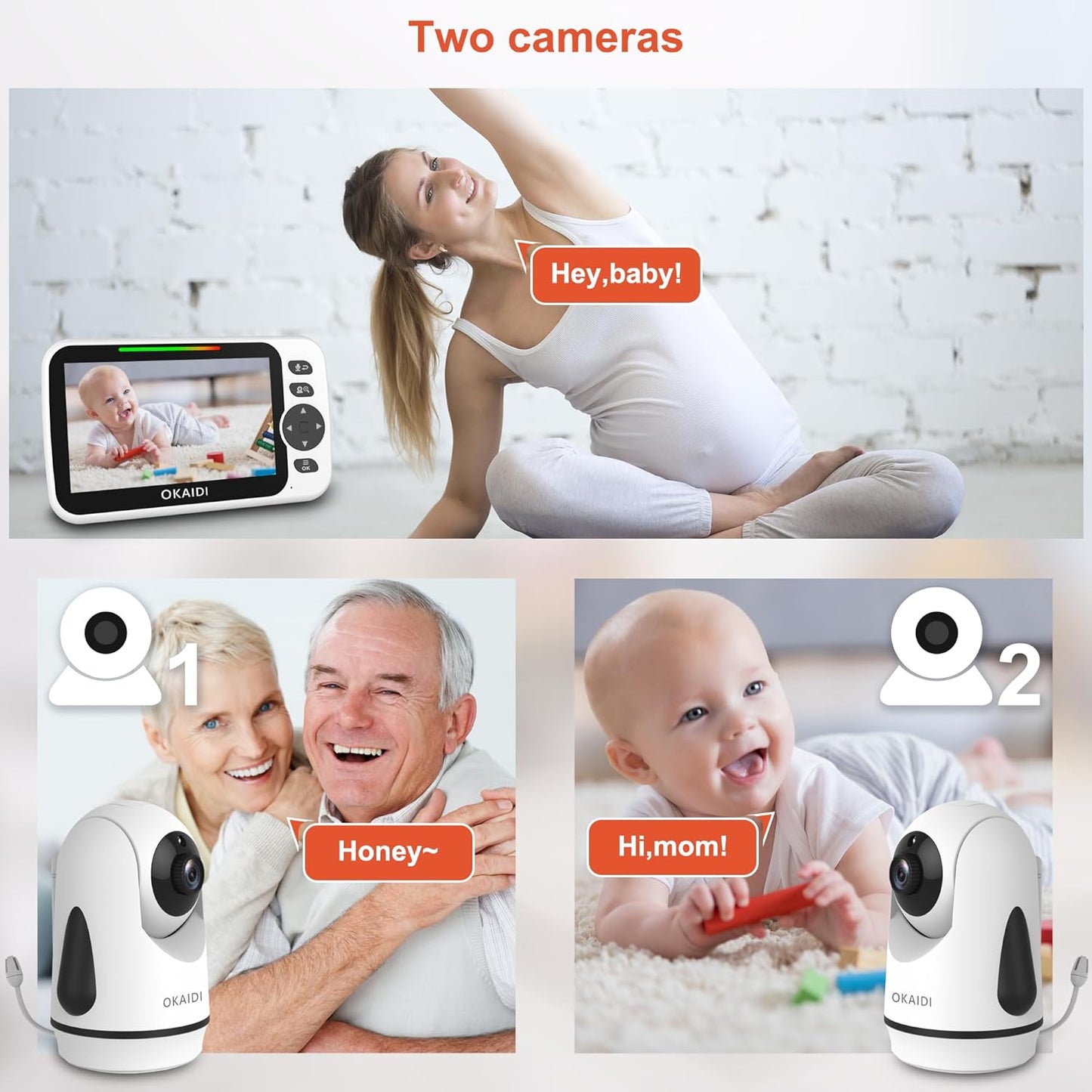 Video Baby Monitor with 2 Cameras, 5" Display Baby Monitor No WiFi, 30H Battery and 1000ft Range, Remote Pan-Tilt-Zoom Baby Camera, 2-Way Talk, 8 Lullabies, for Baby Pet Elderly