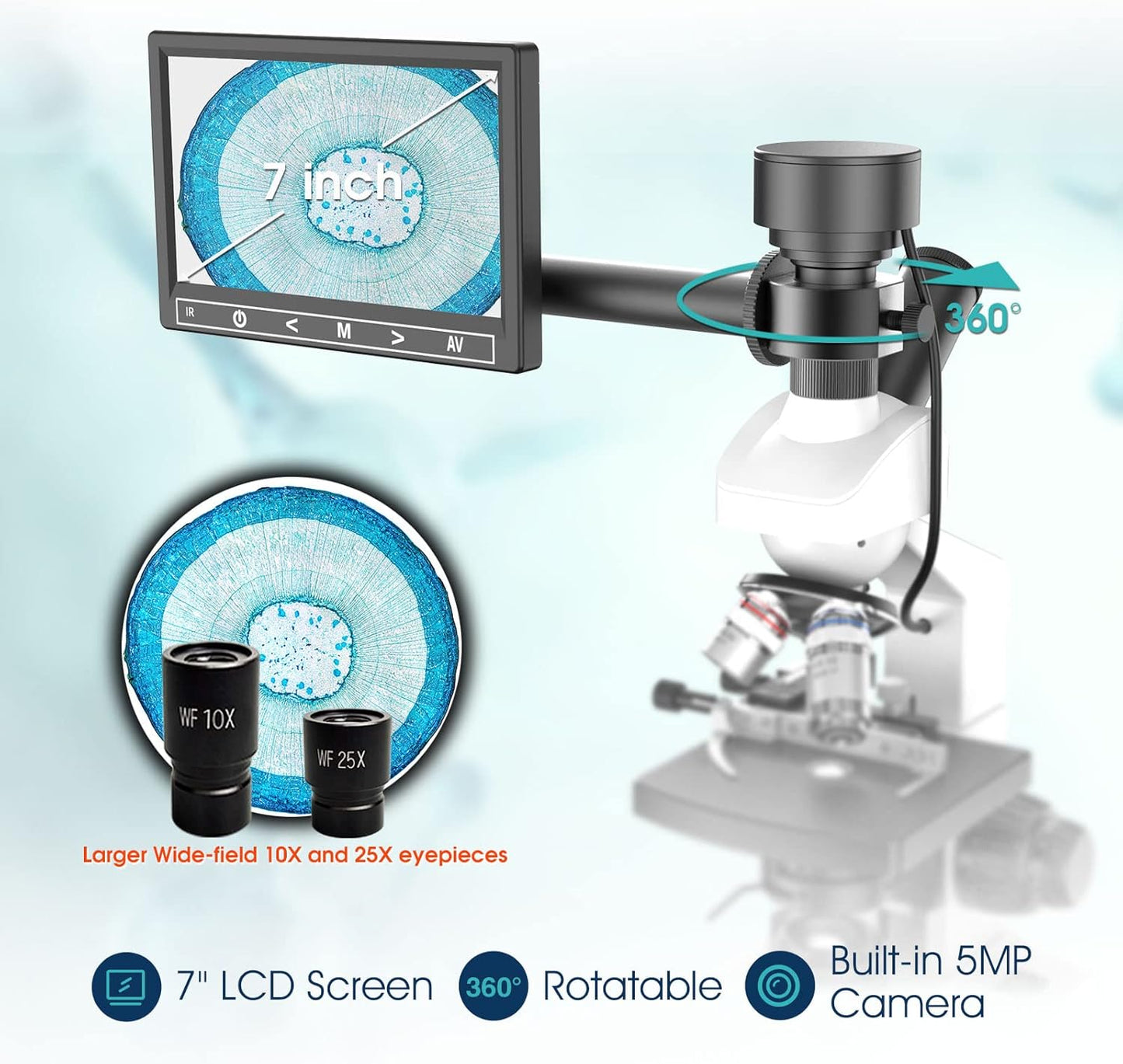 Microscope for Adults with 40X-2500X Magnification, Dual-View Research-Grade Compound Monocular Microscopes with 7'' LCD Screen, Wide-Field 10X 25X Eyepiece, Built in 5MP Camera, Dual Illumination