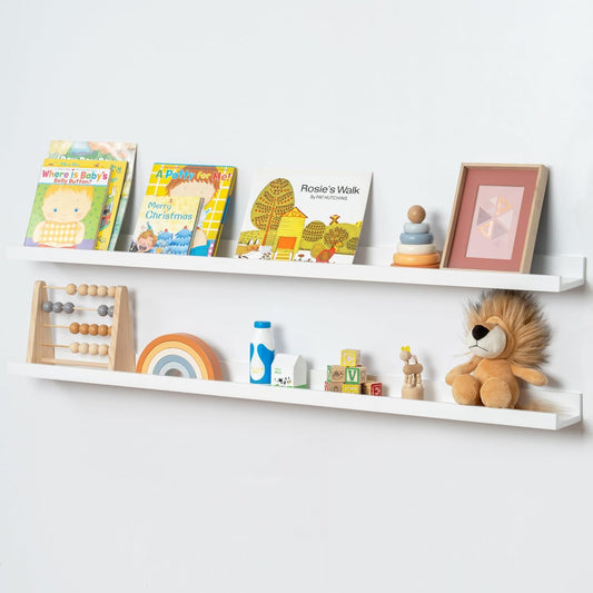Picture Ledge Shelf for Wall, 48 inch Solid Pine Wood Nursery Book Shelves 2 Packs, Floating Ledge Shelves for Kids' Room Bedroom Bathroom Living Room Photo Frames Office Nursey Wall Decor, White