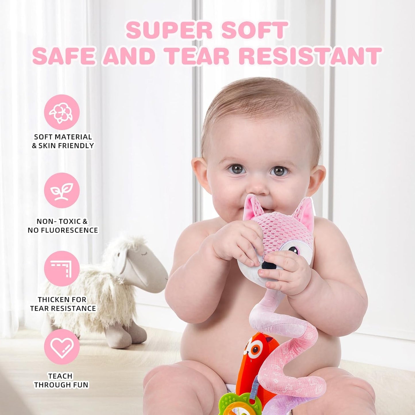 Jollybaby Baby Car Seat Stroller Toys, Plush Activity Hanging Spiral Activity Pram Crib with Music Box, Rattles, Squeaker for Babies Infant Boys Girls(Pink Fox)