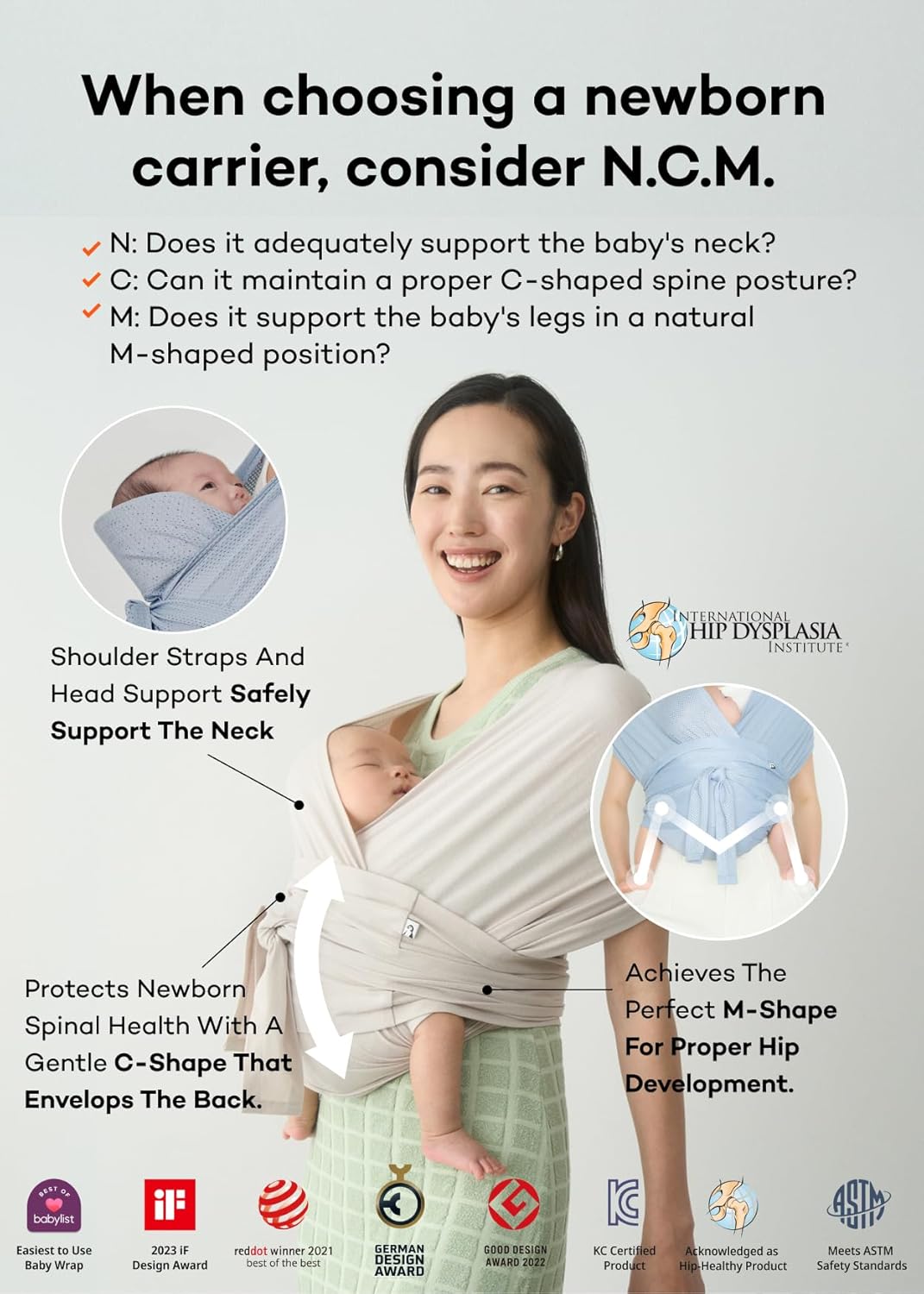 Konny Baby Carrier Flex AirMesh with Head Support- Adjustable, Easy to Wear Baby Wrap Sling, Perfect for Newborn Babies Essentials up to 44 lbs (XS-XL) - Mint Grey