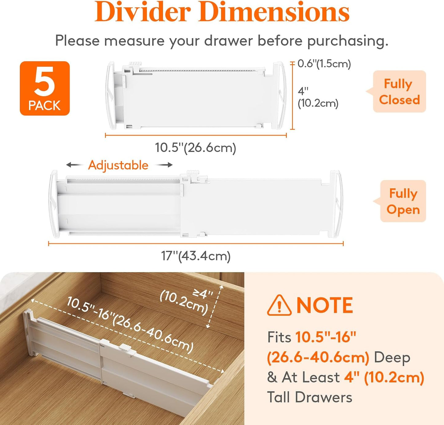 Lifewit 5 Pack Drawer Dividers 4" High, 10.5-16.5" Dresser Drawer Divider, Adjustable Drawer Organizers for Clothes, Plastic Drawers Separators for Dresser, Bedroom, Bathroom, Kitchen, Office