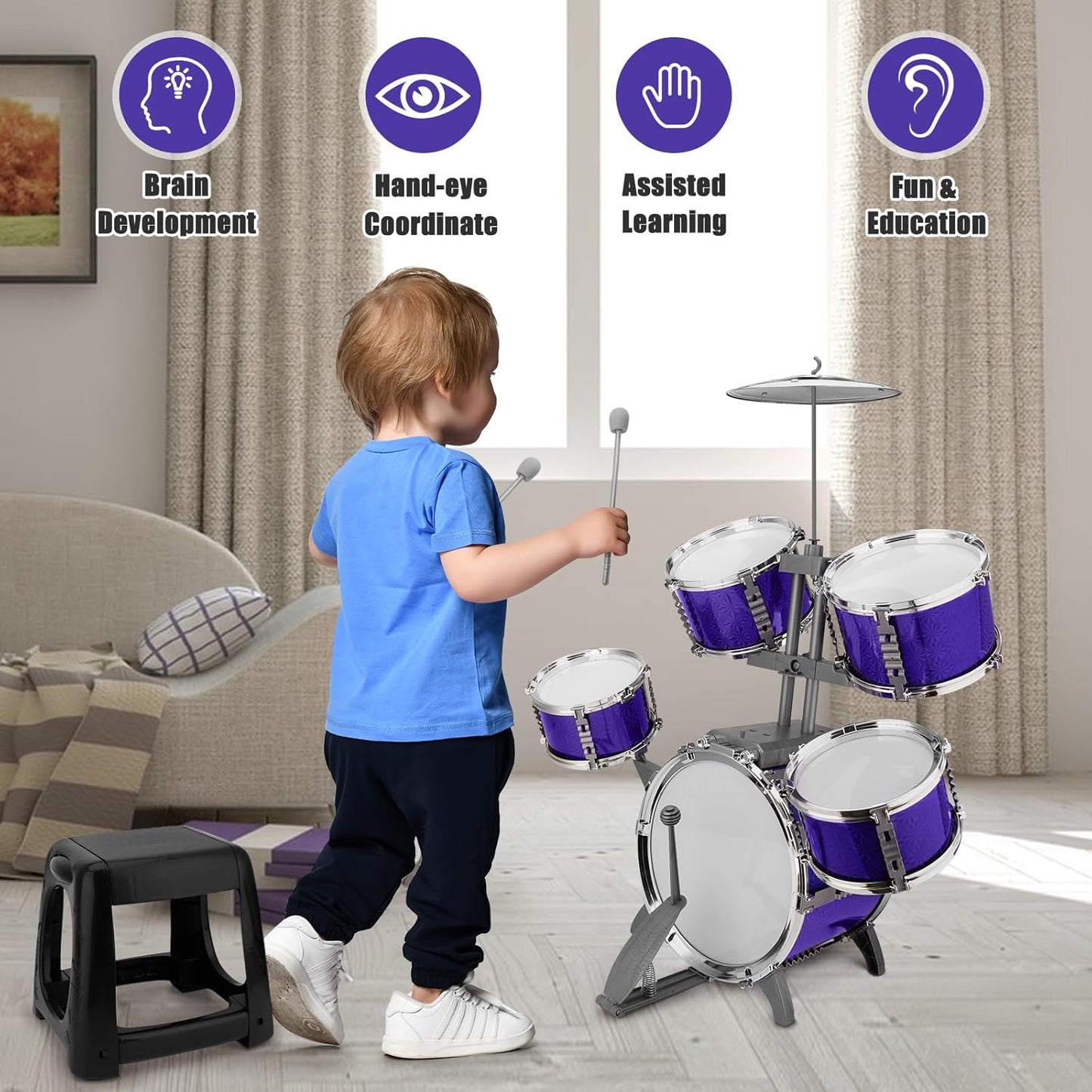 Kids Jazz Drum Set Rock Kit Toys for 3-7 Year Olds - 5 Piece Toddler Band Musical Instrument Educational Percussion Birthday Playset