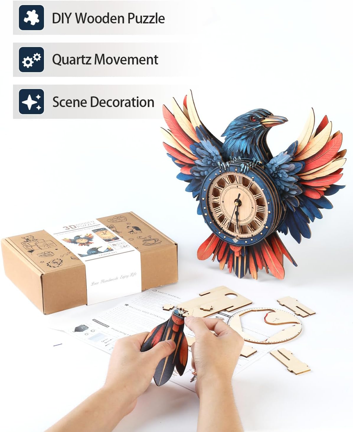 3D Wooden Puzzles for Adults,3D Puzzles for Adults Raven DIY Wall Clock Kit with Pendulum, 34 Pieces 3D Wooden Puzzles,Creative Gift Idea for Teens & Adults