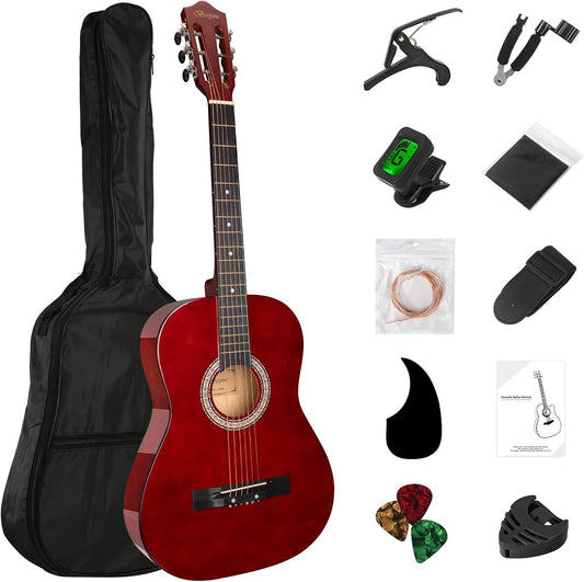 38in Beginner Acoustic Travel Guitar Basic Starter Kit Tuner Capo Strings Winders Strap Picks Pickguard with Gig Bag Starter Practice Guitar For Kids Teens Students Adults