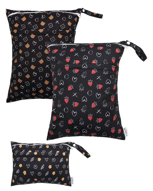 ALVABABY 3 Cloth Diaper Wet Dry Bags Waterproof Reusable with Two Zippered Pockets Travel Beach Pool Daycare Soiled Baby Items Yoga Gym Bag for Swimsuits or Wet Clothes Small Medium Large 3L-SML10