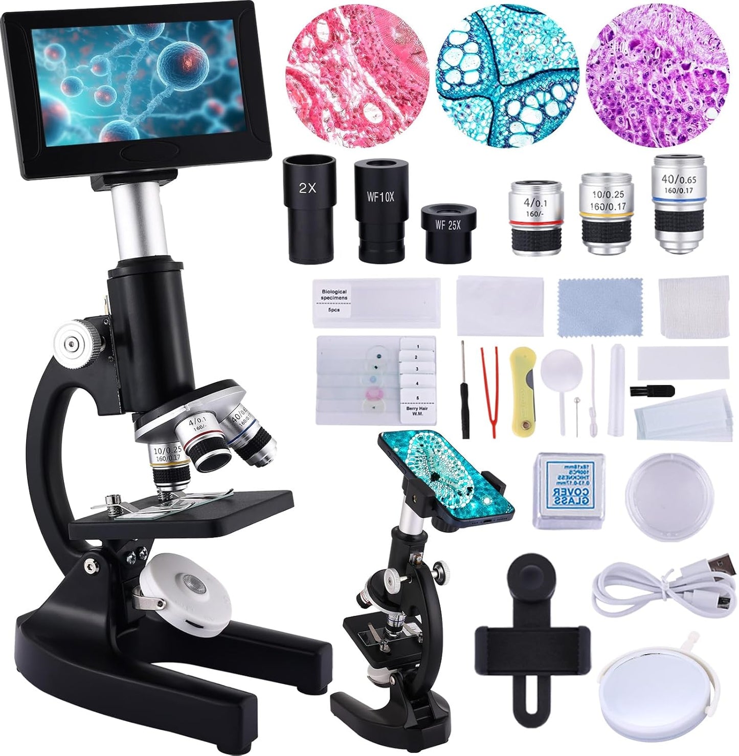 Microscope 40X-2500X Magnification with 4.3-inch Display, Wide-Angle 10X and 25X eyepieces, and Built-in 5-megapixel Camera for School Labs, Animal Husbandry (Black)