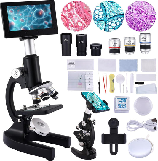 Microscope 40X-2500X Magnification with 4.3-inch Display, Wide-Angle 10X and 25X eyepieces, and Built-in 5-megapixel Camera for School Labs, Animal Husbandry (Black)