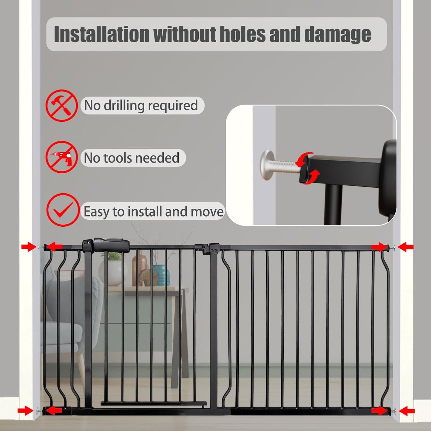 Extra Wide Baby Gate - 43.3-48 Inch Tension Mounted Safety Child & Pet Gate - Black Metal - Walk Through - Long - for House Doorways & Stairs, 30 Inch Tall