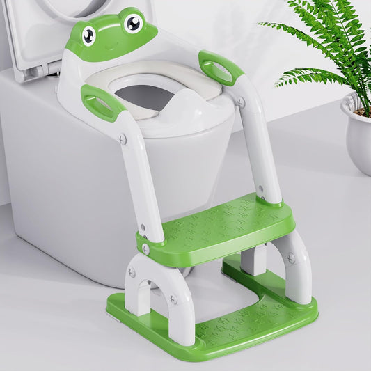 Potty Training Seat with Step Stool Ladder, Upgraded 2-in-1 Toddler Potty Training Toilet Seat with Non-Slip Step Splash Guard Handles and Waterproof Cushion, Toddler Potty Seat for Kids Boys Girls