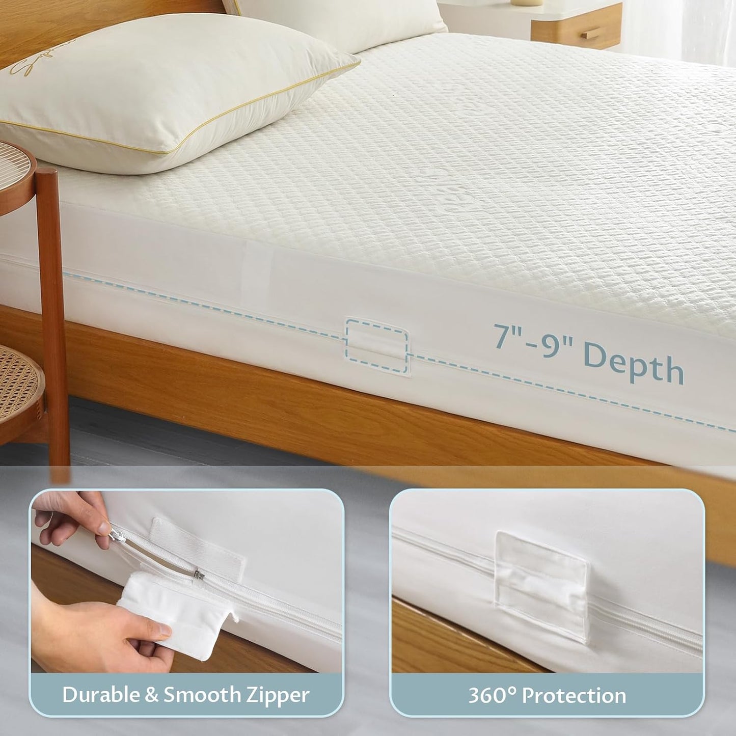 Queen Size Mattress Protector with Zipper - 100% Waterproof Zippered Mattress Cover - Soft & Cooling Noiseless Bed Mattress Covers - Top Removable Mattress Encasement 7-9" Deep