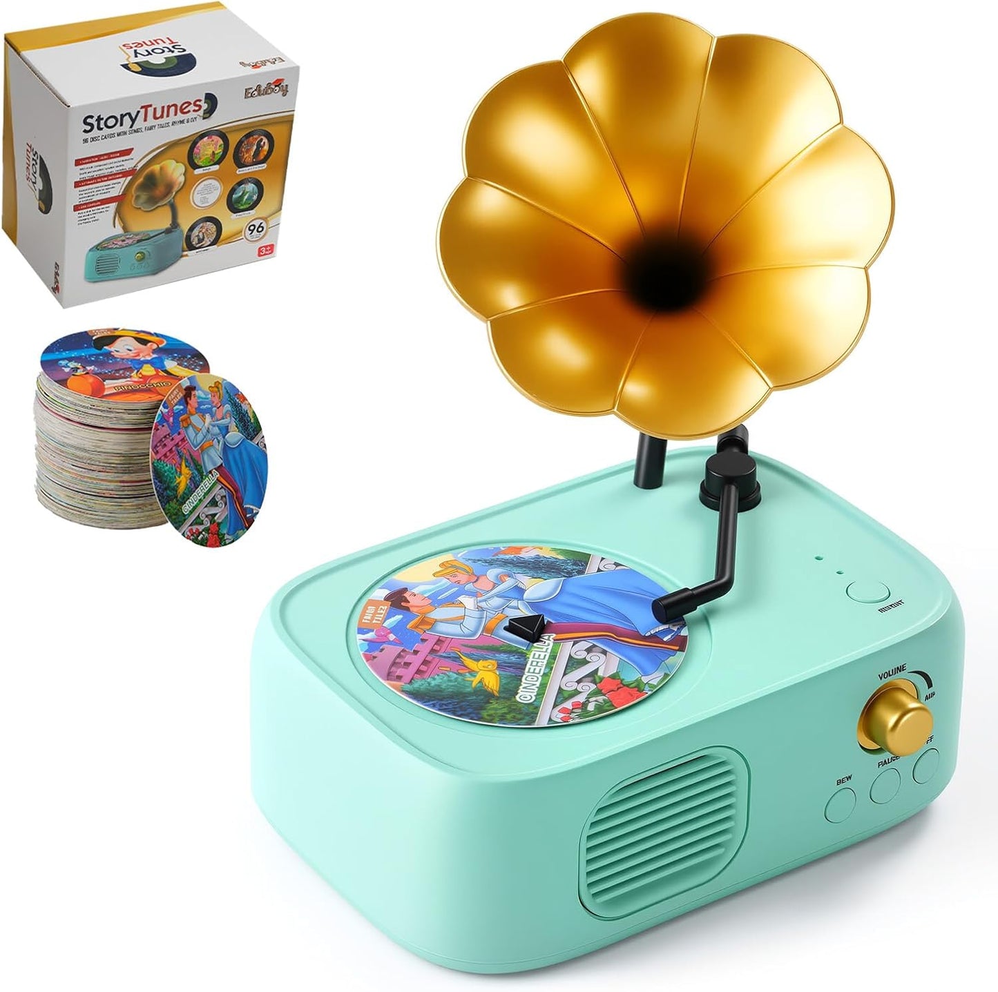 Kids Phonograph Toddler Record Player， with 96 Learning Cards, Early Education Machine Record Player Music Box Storyteller pop Speakers, Gift for Boys and Girls