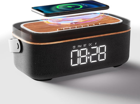 LOVME Alarm Clock Bluetooth Speaker for Bedroom, Bluetooth Stereo Sound Speaker, Fast 15W Wireless Charger, Dimmer, Night Light for Heavy Sleepers, Gift Set, Bedside(Black)