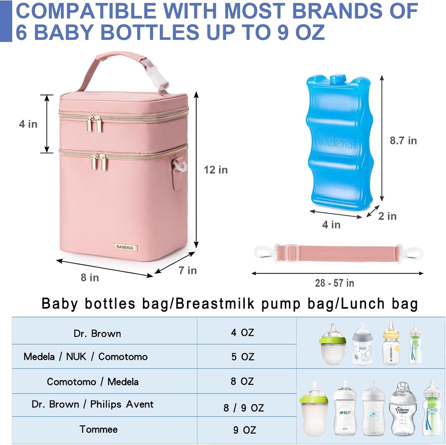 Breastmilk Cooler Bag with Ice Pack Fits 6 Baby Bottles Up to 9 Ounce