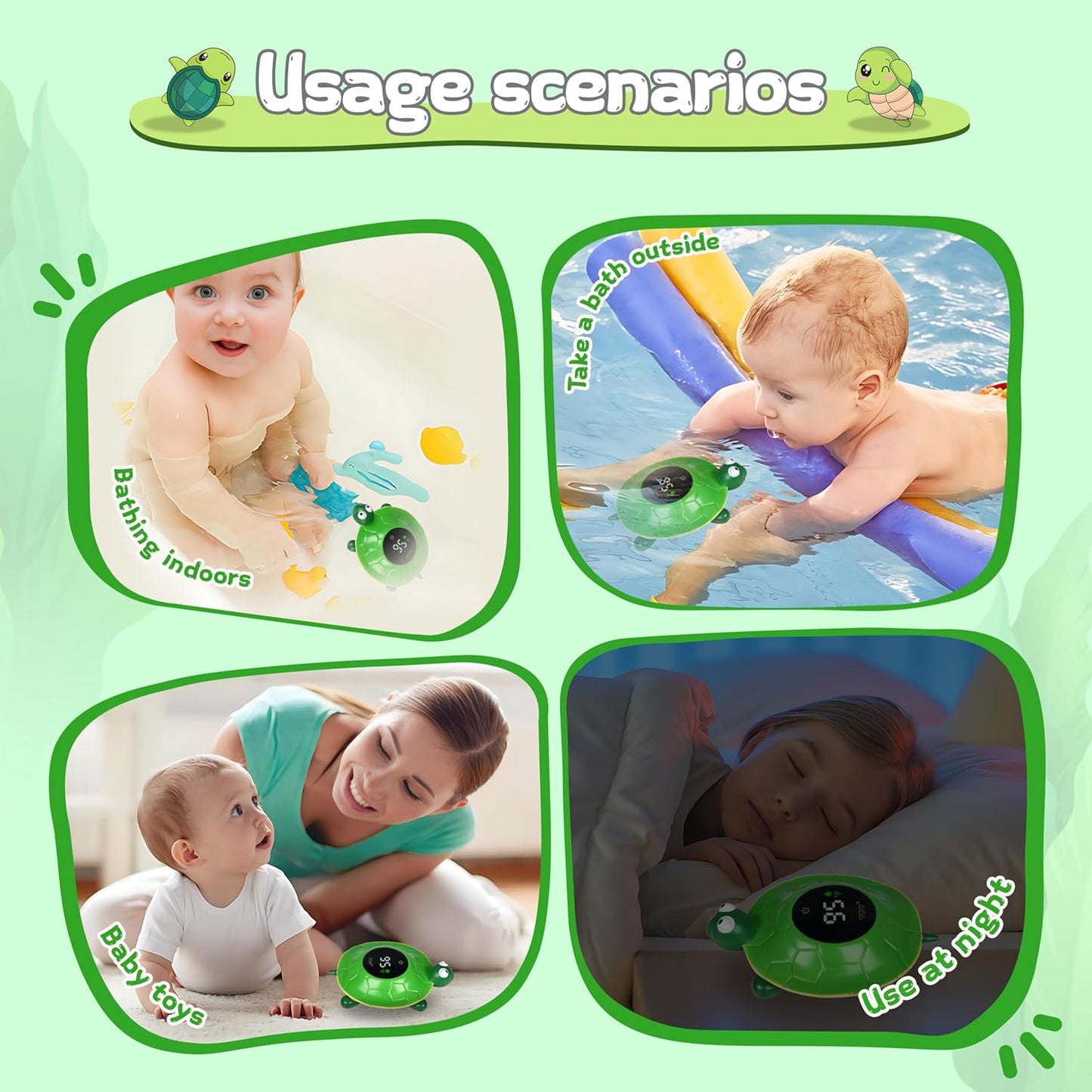TKY Baby Bath Thermometer with LED Display-Rechargeable Water&Room Temperature Monitor, Floating Toy with Temp Alert, Waterproof for Newborns, Nurseries - Must Have Bath Essentials (Green Tortoise)