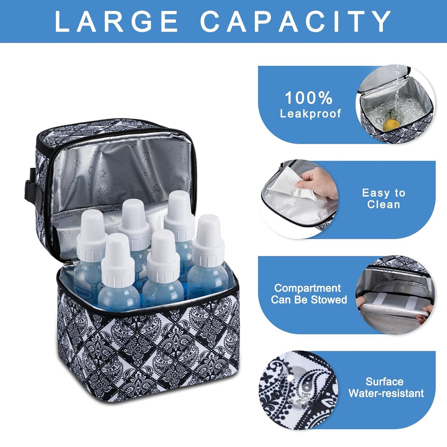 Breastmilk Cooler Bag with Ice Pack Fits 6 Baby Bottles up to 9 Ounce, Breast Milk Pump Cooler Bag with Shoulder Strap for Nursing Mom Daycare, Work, Travel- Black