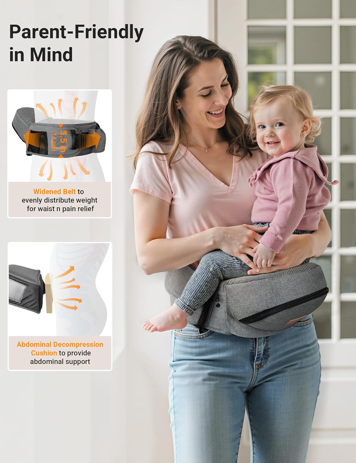 besrey Toddler Hip Carrier - Side Baby Carrier, Up to 44lb, Dad Infant Carrier Hipseat (Grey)