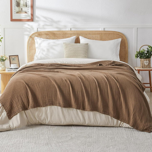 EMME Cotton Muslin Queen Blanket Bed Layering Breathable Gauze Blanket Soft Lightweight Blankets Adults (Brown, 90"x90")