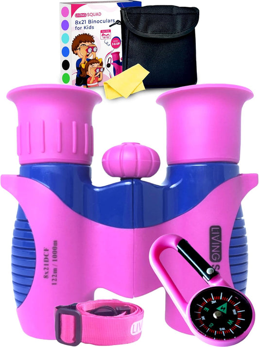 Kids Binoculars 8x21 Pink- Girls Age 3-12, Shock Proof Compact Binoculars for Kids Set- Neck Strap, Compass, Carabiner, Case- High-Resolution Optics Child Gift Toy for Bird Watching, Hiking, Spy
