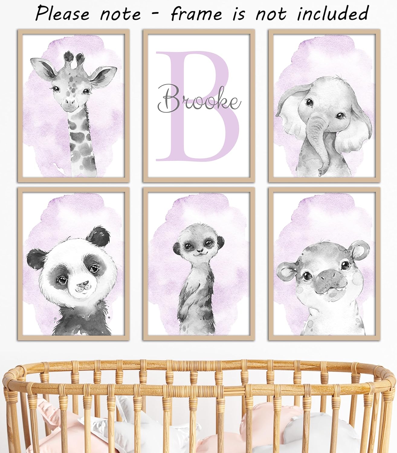Safari Animals Set of 6 Unframed Poster Prints for Baby Girls Nursery Bedroom Playroom, Personalized Name, Choice of 12 Animals, Pink Purple (11x14)