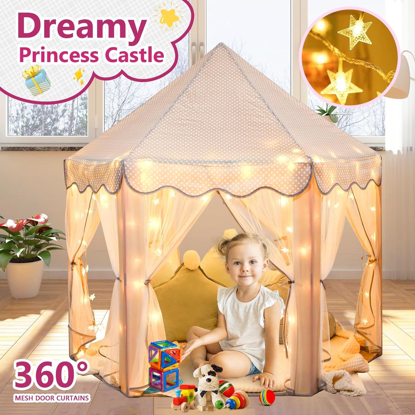 Monobeach Princess Tent Girls Large Playhouse Kids Castle Play Tent with Star Lights Gift Toy for Children Indoor and Outdoor Games, 55'' x 53'' (DxH) (Grey)
