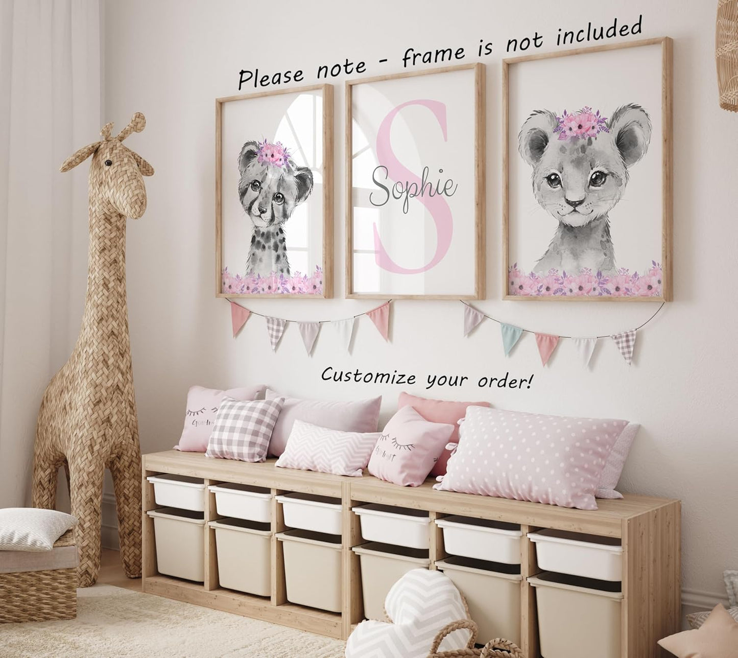 Safari Animals Girls Nursery Bedroom Unframed Set of 3 Poster Prints, Personalized Name Pink or Purple Flowers Wall Art Decor New Baby Gift Present, Elephant Giraffe Panda Zebra Lion (8x10)