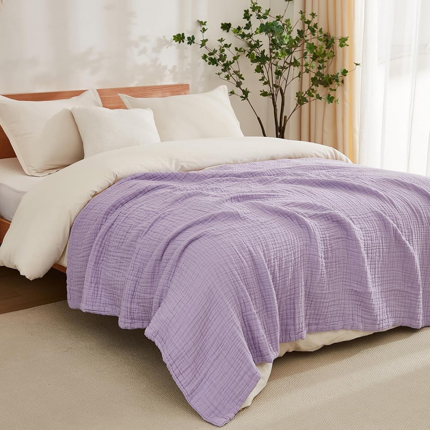 EMME Cotton Blanket Twin XL for Bed Soft Muslin Blankets 66"x90" Lightweight Breathable Layering Bedspread Coverlet All Season Gauze, Lavender