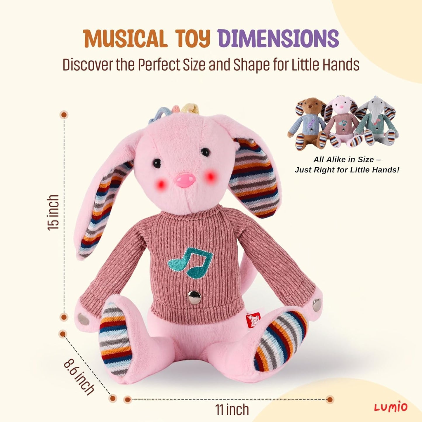 Lumio Musical Stuffed Animal Plush Toy with Lights & Sounds - Cute Interactive Toy for Newborns, and 3 6 12 to 48 Months (Bunny)