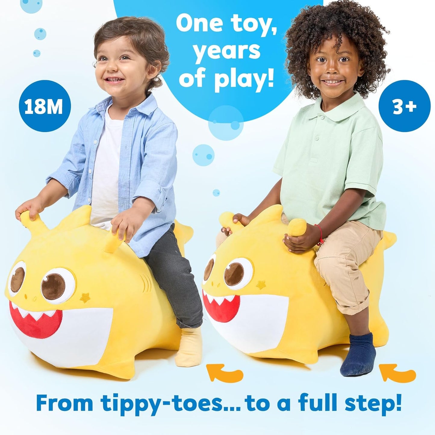 JITTERYGIT Baby Shark Official Bouncy Hopper Plush Musical Singing Toy - Inflatable Animal Ride On for Indoor & Outdoor - Birthday Gift for Kids & Toddlers (Boys & Girls) Ages 18+ Months (Yellow)