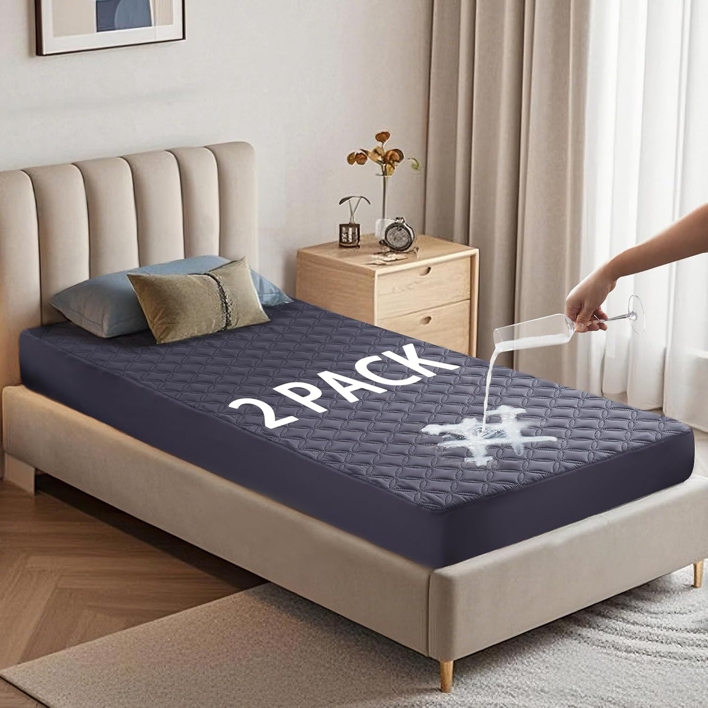 2 Pack Waterproof Mattress Protector, Twin XL Size Mattress Pad with Deep Pocket 6"-15" Depth, Soft Breathable Dirt-Proof Single Bed Mattress Cover for Bedroom, Dorm Room (Navy Blue)