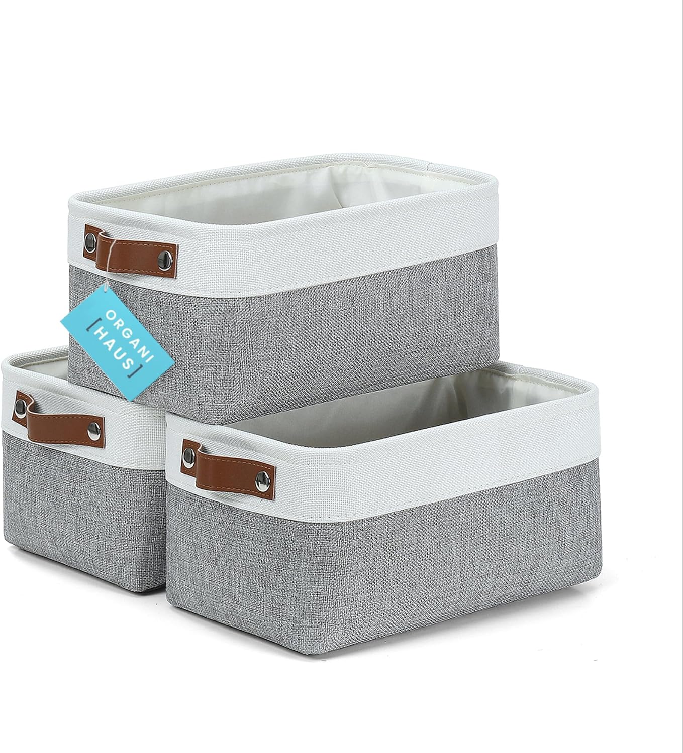 OrganiHaus Small Fabric Storage Bins for Shelves 3 Pack, 12x8in Closet Storage Bins for Shelves, Cloth Baskets for Organizing, Linen Closet Organizers, Fabric Basket, Shelf Organizer Bins Gray/White