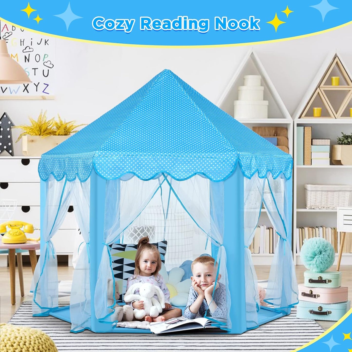 Monobeach Princess Tent Girls Large Playhouse Kids Castle Play Tent with Star Lights Toy for Children Indoor and Outdoor Games, 55'' x 53'' (DxH) (Blue Prinecss Tent with Little Star Lights)