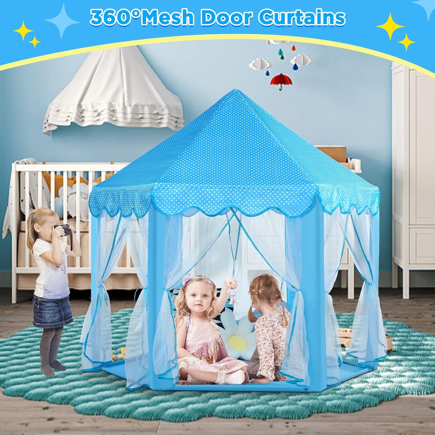 Monobeach Princess Tent Girls Large Playhouse Kids Castle Play Tent with Star Lights Toy for Children Indoor and Outdoor Games, 55'' x 53'' (DxH) (Blue Prinecss Tent with Little Star Lights)