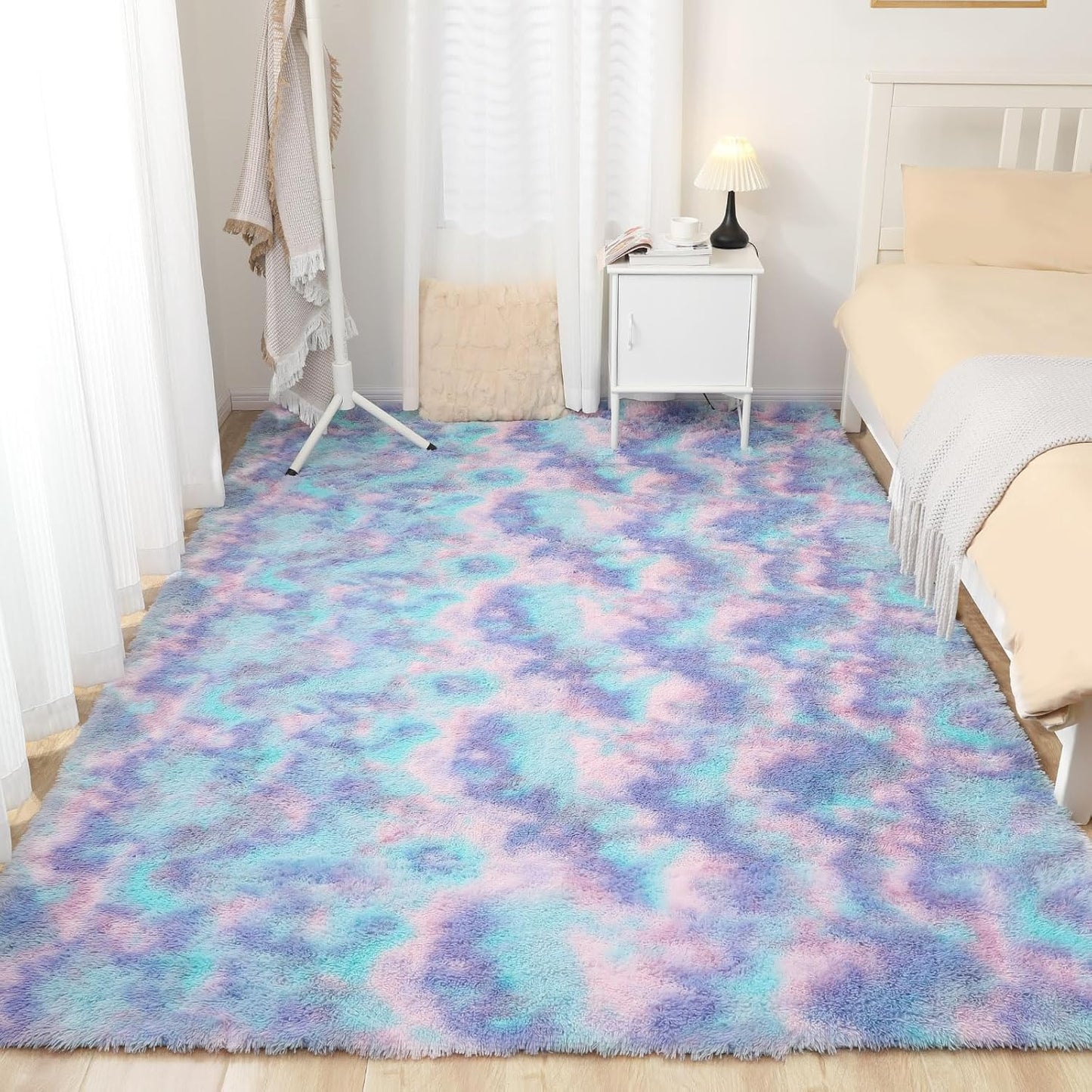 Rainbow Rug for Girls Room, 4x6 Fluffy Area Rugs for Bedroom, Colorful Kids Rug Cute Anti-Skid Indoor Carpet for Nursery, Living Room, Playroom, Home Decor