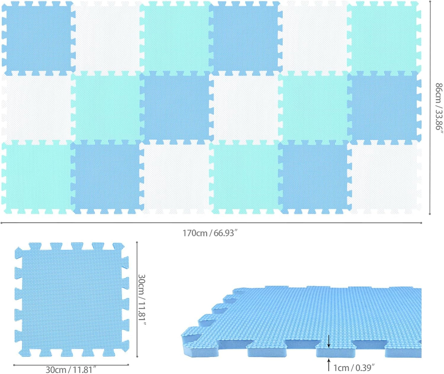 qqpp EVA Rubber 18 Tiles Interlocking Puzzle Foam Floor Mats - Baby Play Mat for Playing | Exercise Mat for Home Workout. White, Blue, Green. QC-AGHb18N