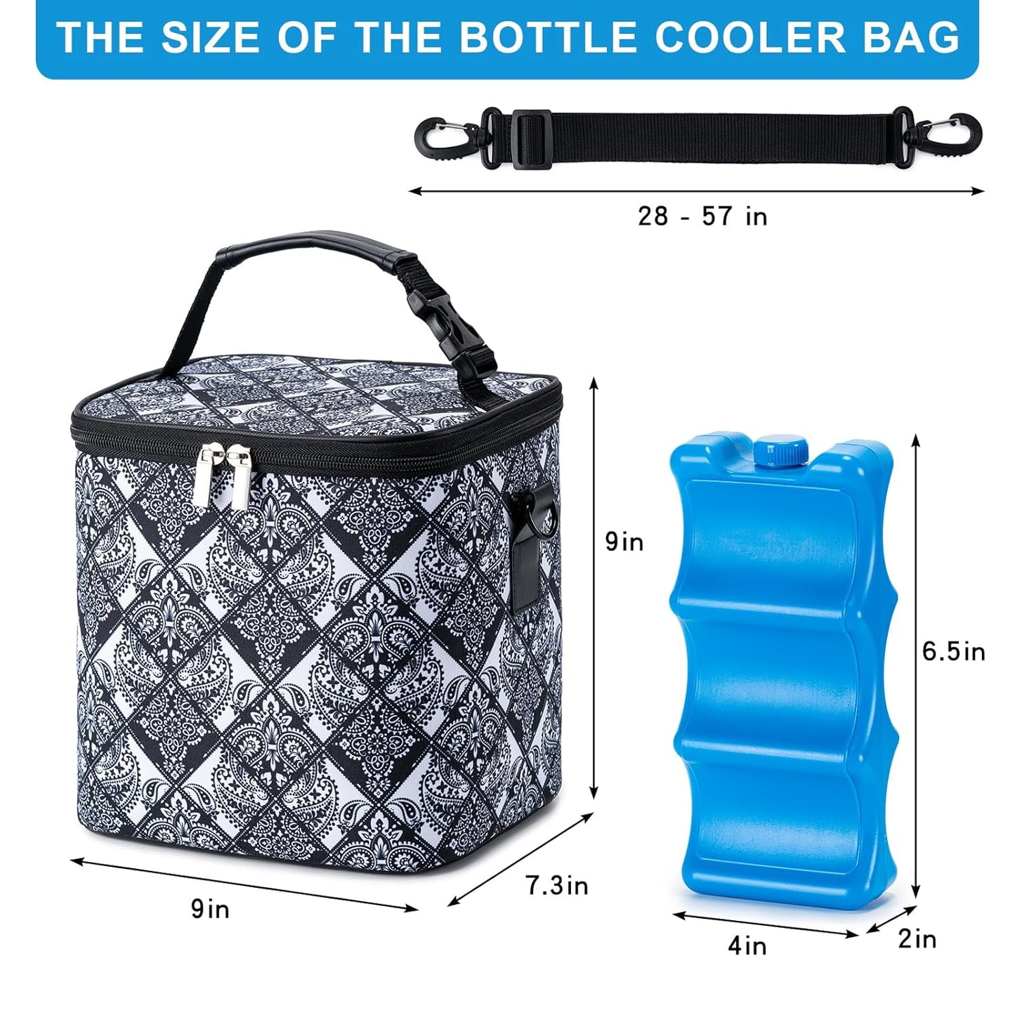 Breastmilk Cooler Bag with Ice Pack Fits 6 Baby Bottles Up to 9 Ounce, Baby Bottle Bag with Shoulder Strap for Nursing Mom Daycare, Black