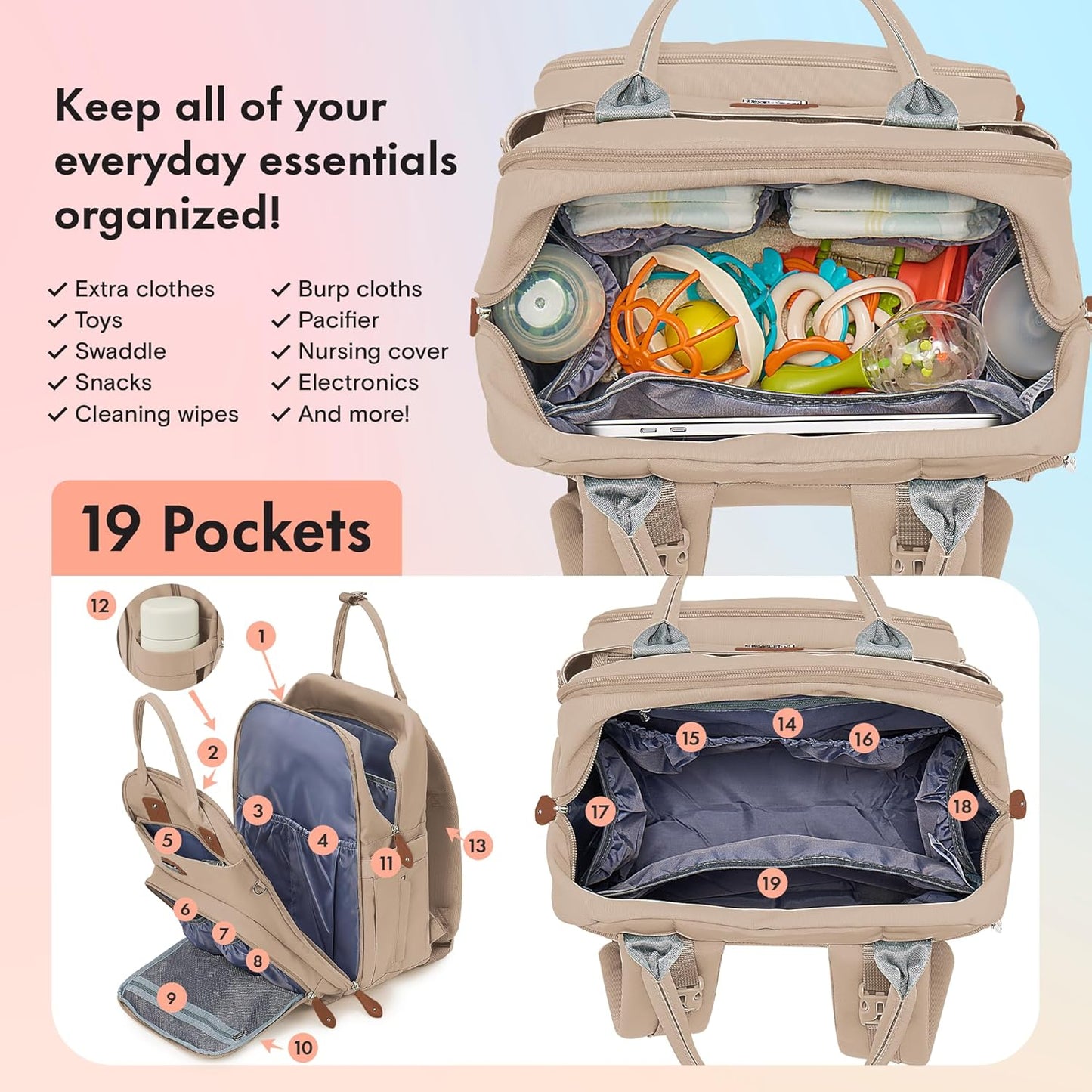 Dikaslon Diaper Bag Backpack with Portable Changing Pad, Pacifier Case and Stroller Straps, Large Unisex Baby Bags for Boys Girls, Multipurpose Travel Back Pack for Moms Dads, Milk Tea Khaki