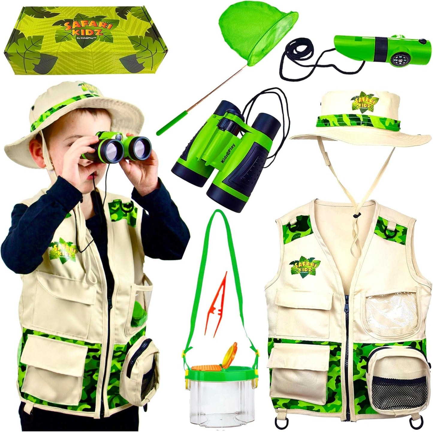 Bug Hunting Kit, Green Safari Vest, Hat, Binoculars, Lg. Butterfly Net, Bug Container, Whistle, Flashlight, Magnifier, Thermostat, Compass, Age 3+