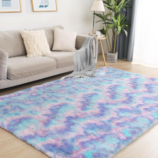 Rainbow Rug for Girls Room, 4x6 Fluffy Area Rugs for Bedroom, Colorful Kids Rug Cute Anti-Skid Indoor Carpet for Nursery, Living Room, Playroom, Home Decor