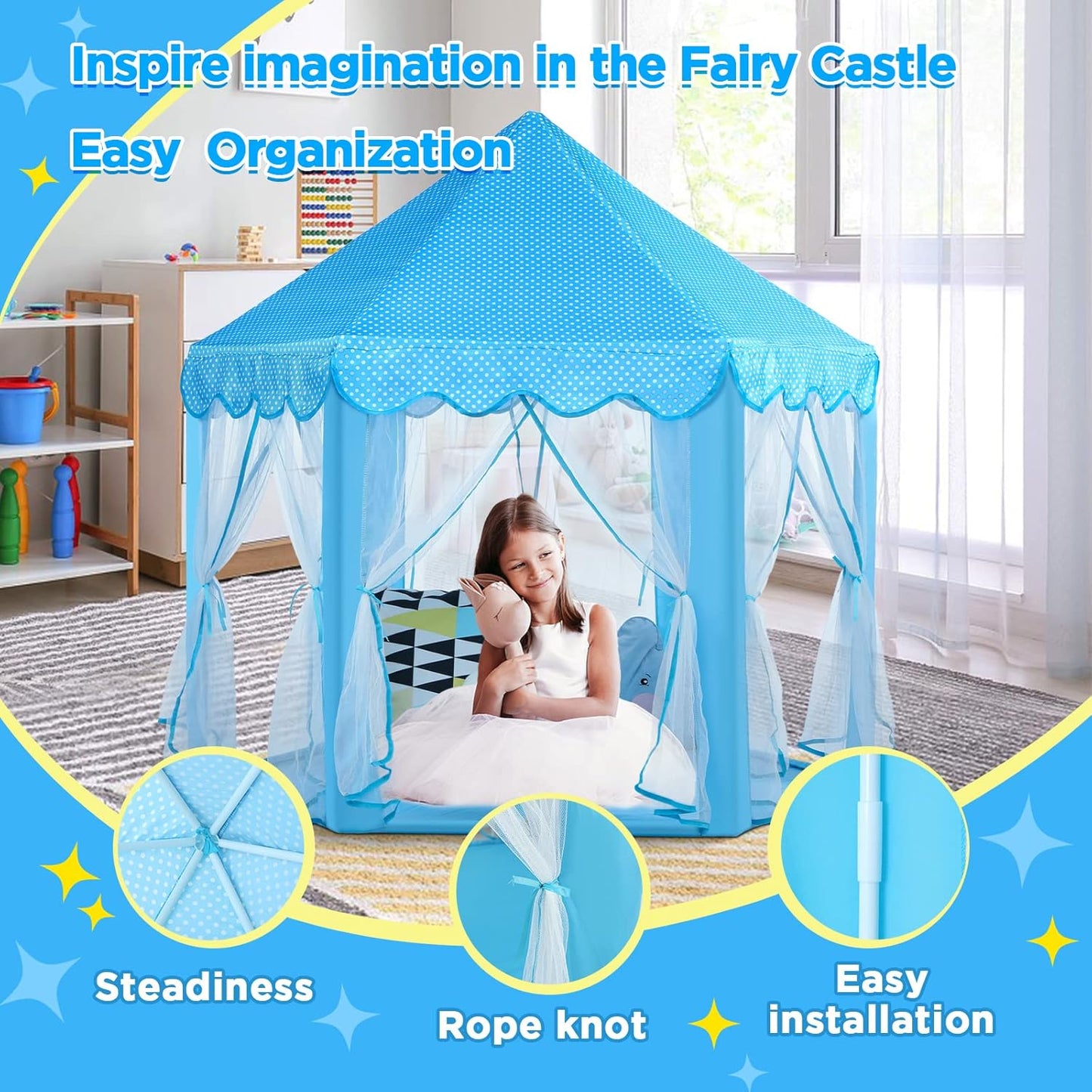 Monobeach Princess Tent Girls Large Playhouse Kids Castle Play Tent with Star Lights Toy for Children Indoor and Outdoor Games, 55'' x 53'' (DxH) (Blue Prinecss Tent with Little Star Lights)