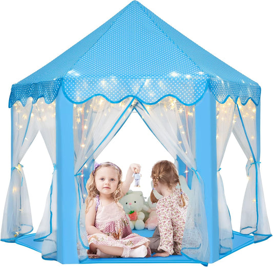 Monobeach Princess Tent Girls Large Playhouse Kids Castle Play Tent with Star Lights Toy for Children Indoor and Outdoor Games, 55'' x 53'' (DxH) (Blue Prinecss Tent with Little Star Lights)