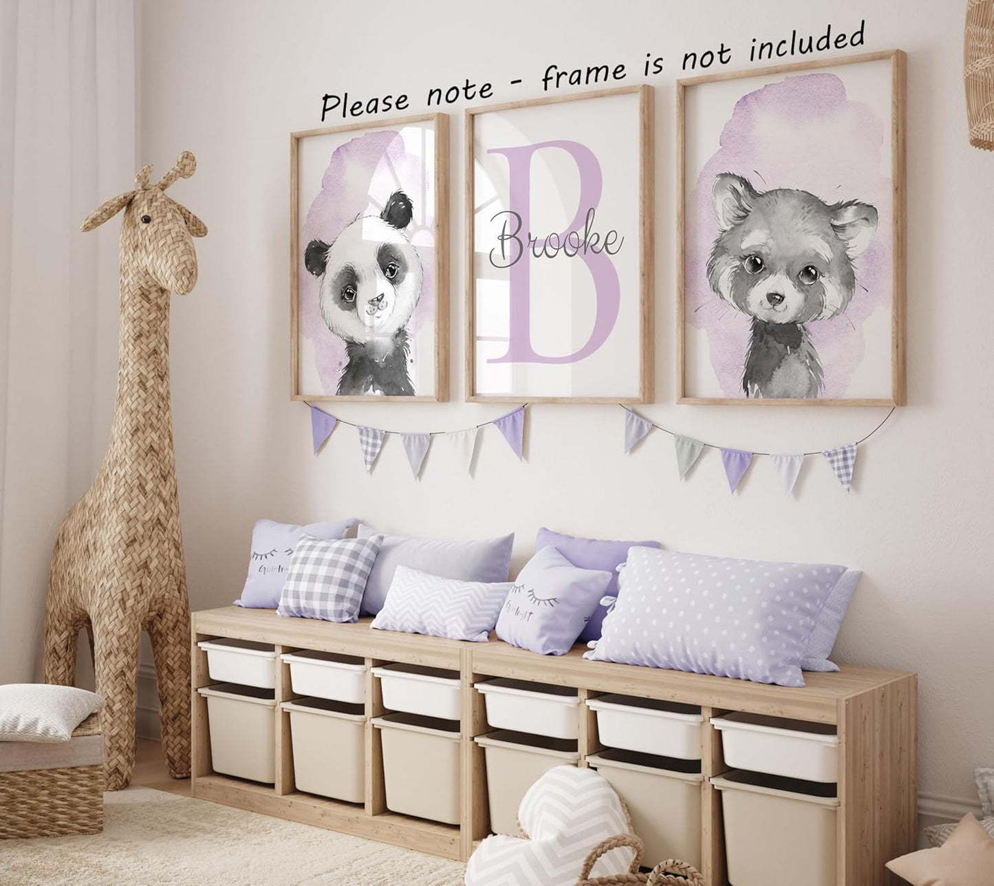 Safari Animals Set of 3 Unframed Poster Prints for Baby Girls Nursery Bedroom Playroom, Personalized Name, Choice of 12 Animals, Pink Purple (8x10)