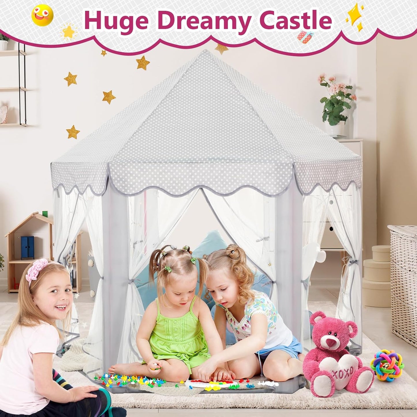Monobeach Princess Tent Girls Large Playhouse Kids Castle Play Tent with Star Lights Gift Toy for Children Indoor and Outdoor Games, 55'' x 53'' (DxH) (Grey)