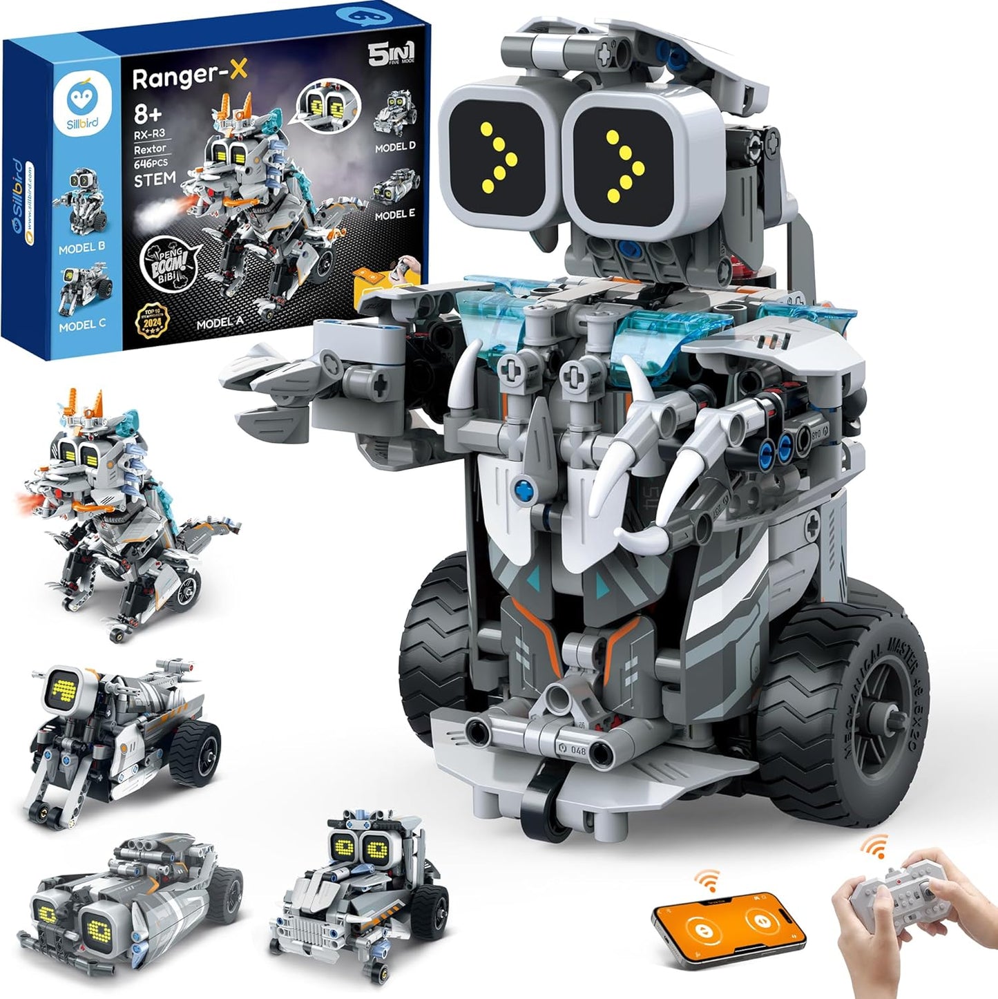 Sillbird Building Robot Dinosaur Kit with Remote Control Christmas Stem Gifts for Boys Age 8-12, Build Coding Robotic Toys for Kids Birthday, 5 in 1 Buildable Set with 646 Pieces