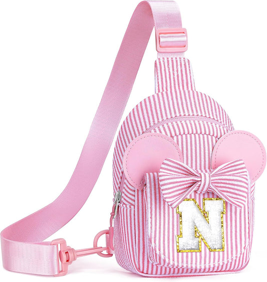 Gifts for Girls Kids, Initial Pink Small Crossbody Bag Sling Bag for Girl Kid Gift for Sister Daughter Birthday Letter Belt Bags for Girls Kids Birthday Gifts (Pink N)