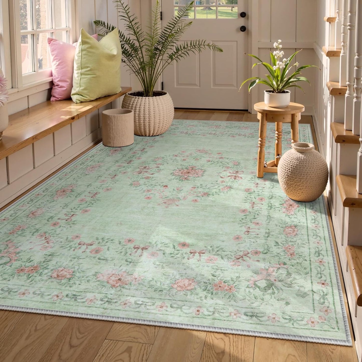 Wonnitar Floral Bow Print Washable Rugs 5x7, Sage Green Rug for Living Room, Ultra-Thin Non Slip Soft Boho Carpet for Dining Room Bedroom Kid Room Playroom, Light Green