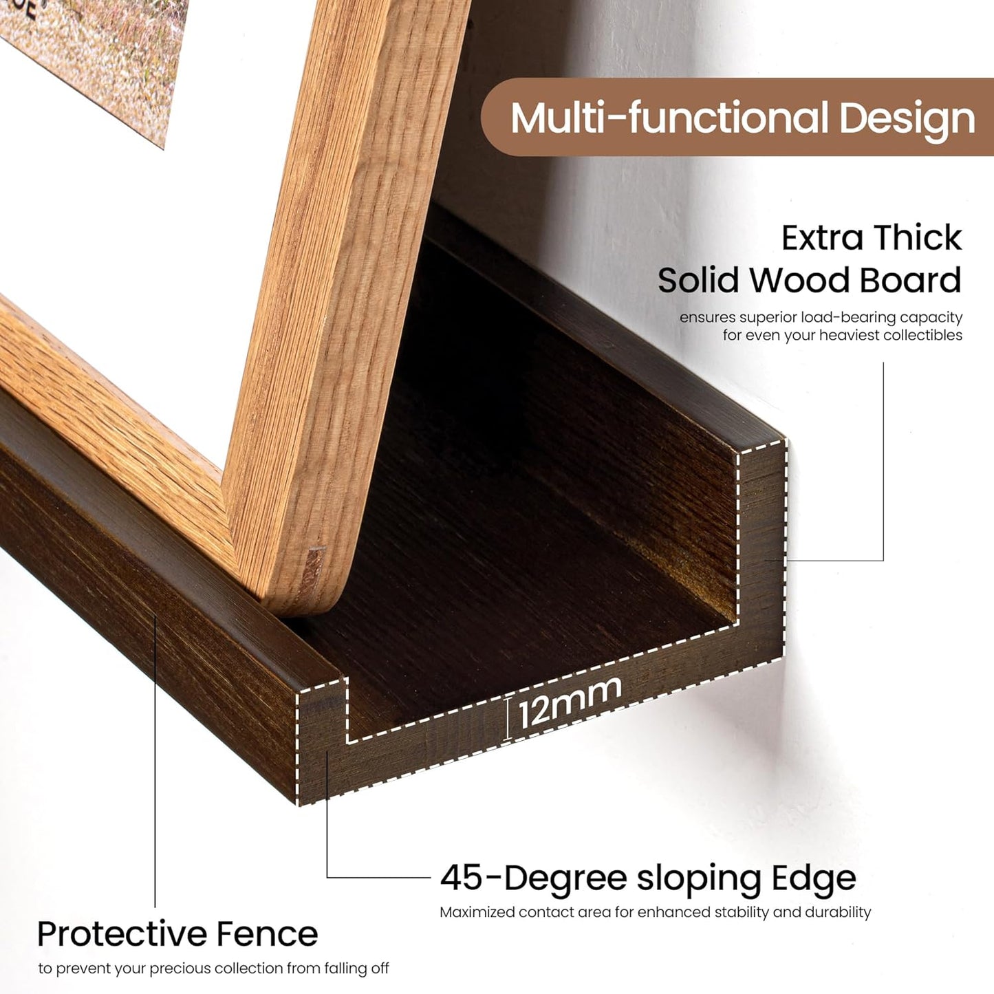 Picture Ledge Shelf, Solid Pine Wood Floating Shelves Set of 2, 36 Inches Nursery Book Shelves for Toys Storage, Kids Bookshelf Wall Mounted for Living Room Bedroom Decor Books Photo Frames, Walnut