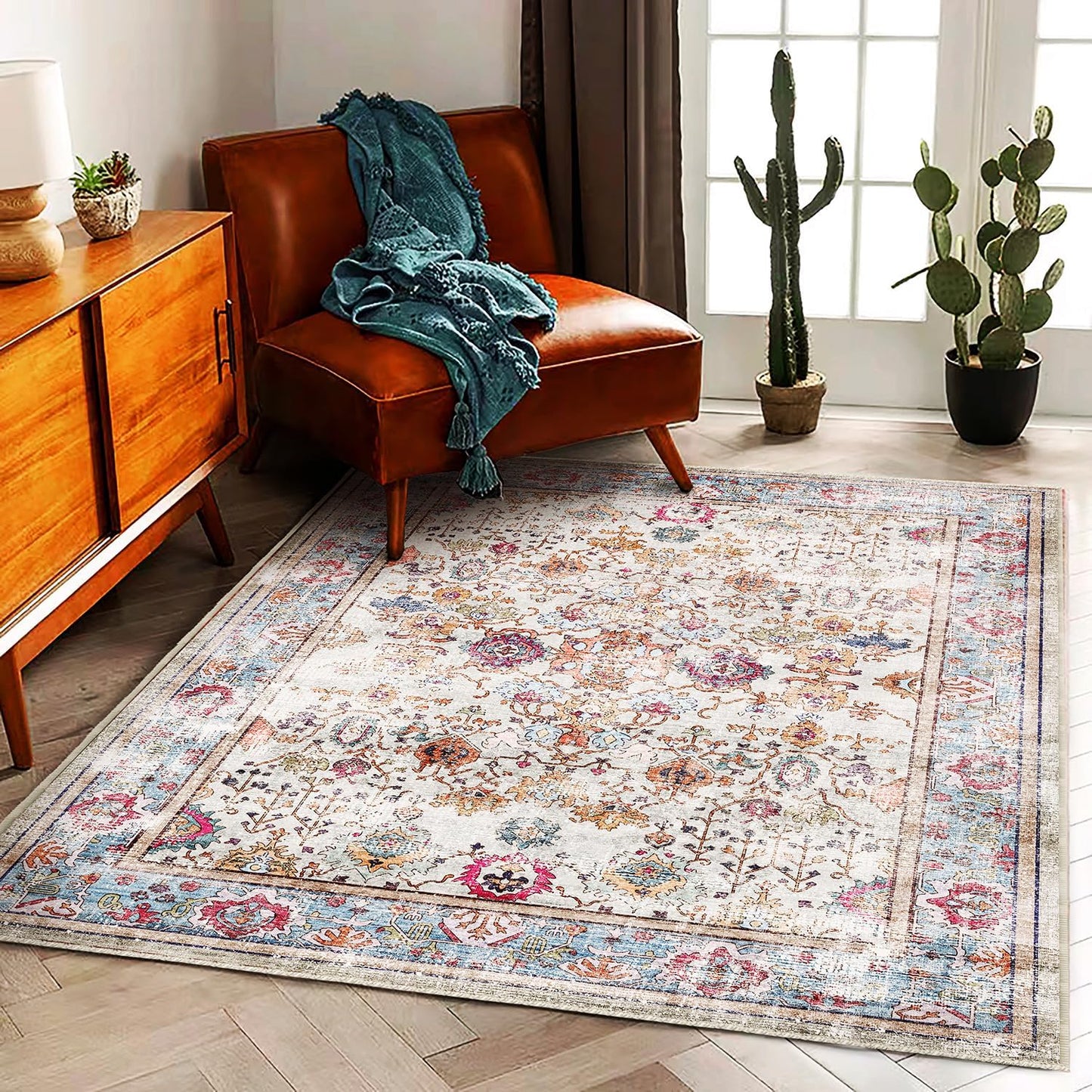 Washable 9'x12' Area Rug Vintage Traditional Distressed Indoor Foldable Thin Retro Accent Floral Non Slip Carpet Living Room Dining Room Office