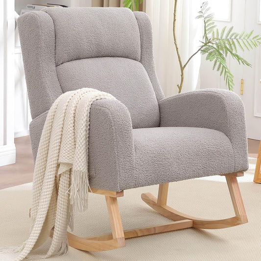 Rocking Chair Nursery, Nursing Rocking Chairs for Mom Nursery, Comfy Wingback Glider Rocking Armchair with Side Pocket for Nursery Living Room Bedroom, Teddy Light Grey